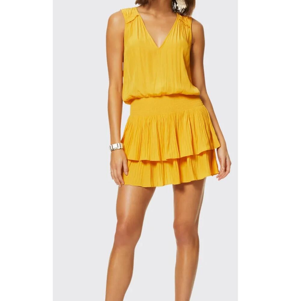 Ramy Brook Caitlin Yellow Tiered Ruffle Mini Dress Large